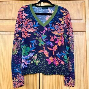 IVKO Avant Garde Colorful Floral Pattern V-Neck 100% Wool Pullover Sweater